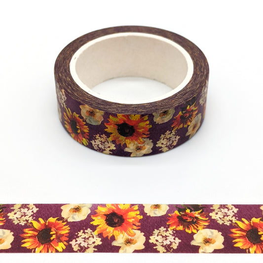 Burgundy Sunflowers Washi Tape - 15mm